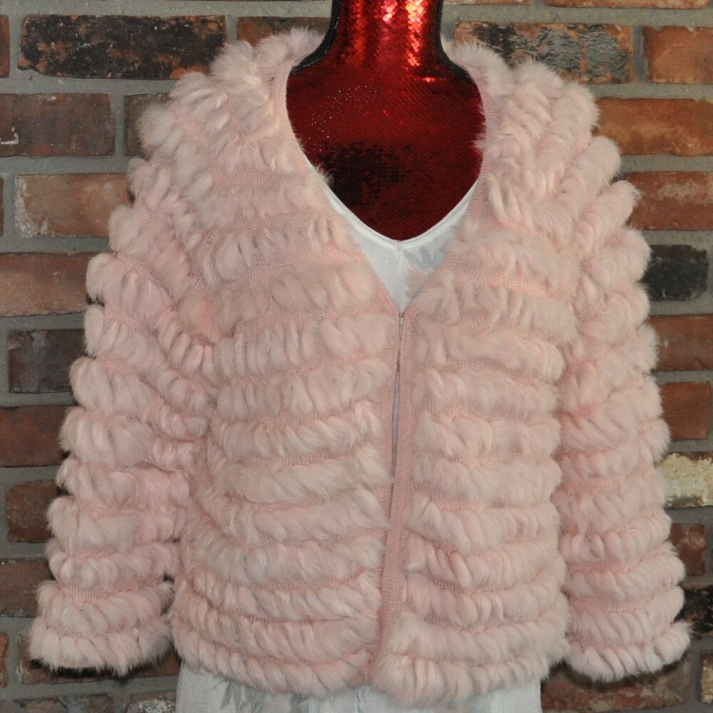 Spanner Fluffy Pastel Pink Corded FUR. Knit Open Cardigan Sweater Jacket L